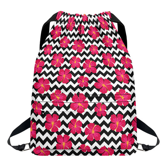 Pink Hibiscus Zigzag Pattern Print Drawstring Backpack