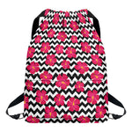 Pink Hibiscus Zigzag Pattern Print Drawstring Backpack