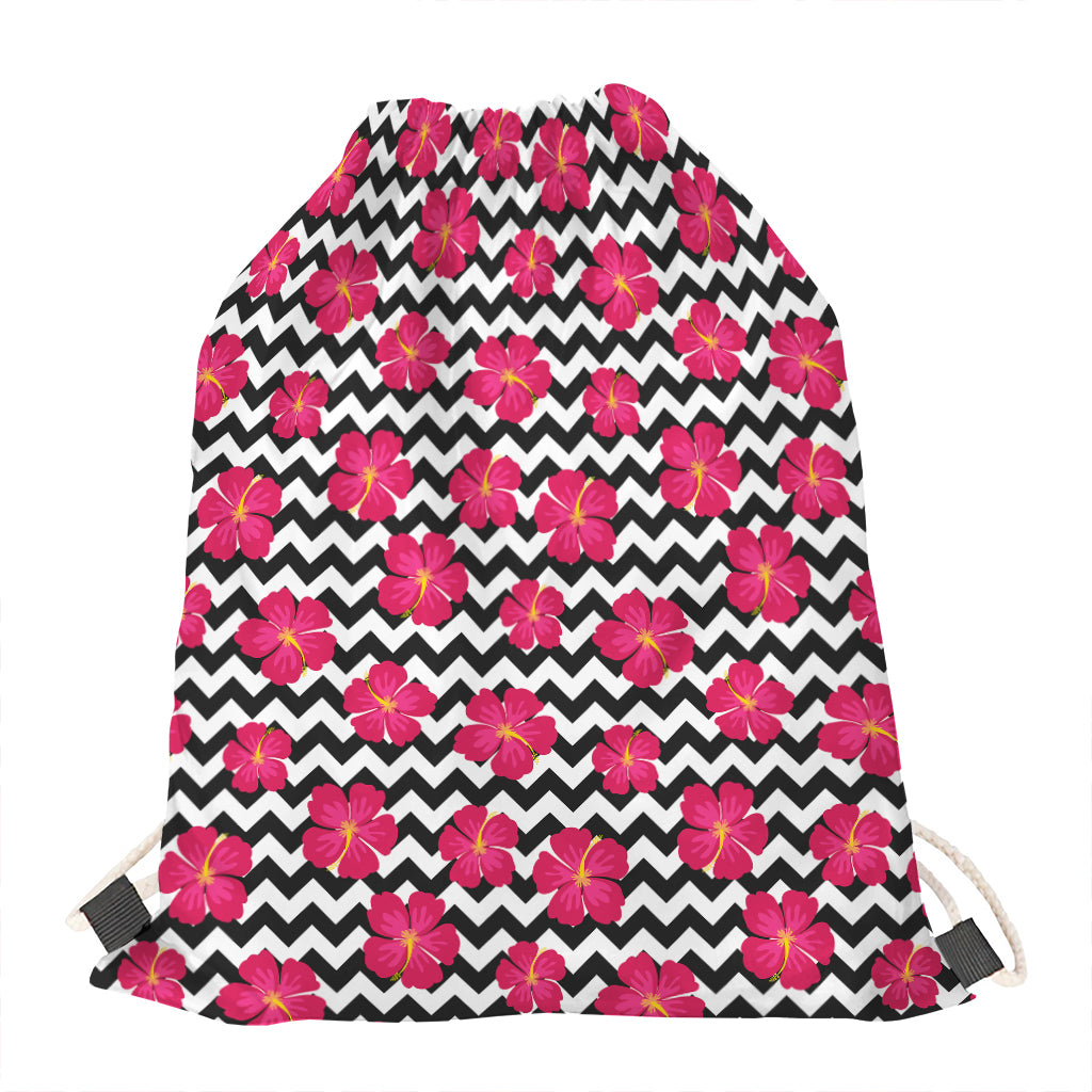 Pink Hibiscus Zigzag Pattern Print Drawstring Bag