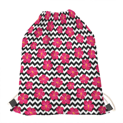 Pink Hibiscus Zigzag Pattern Print Drawstring Bag