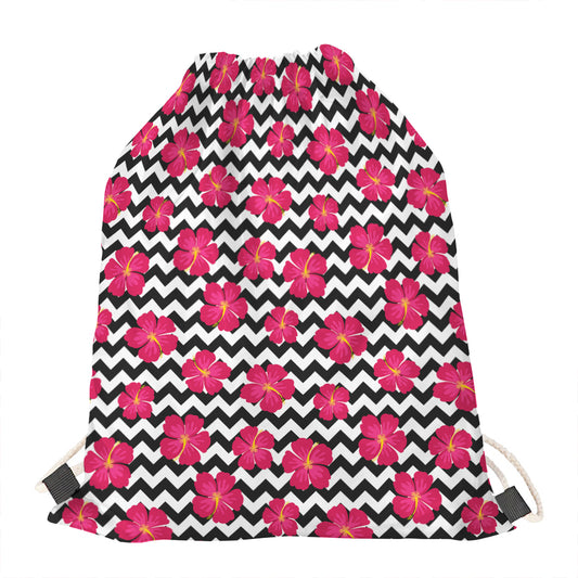Pink Hibiscus Zigzag Pattern Print Drawstring Bag