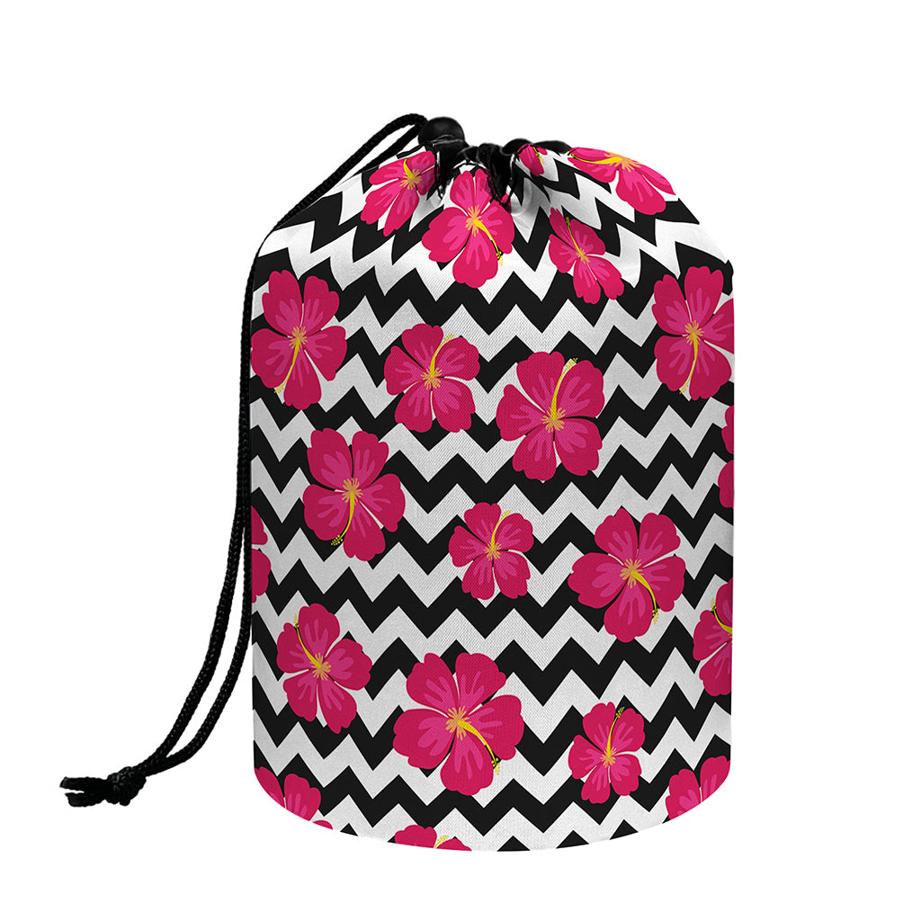 Pink Hibiscus Zigzag Pattern Print Drawstring Makeup Bag