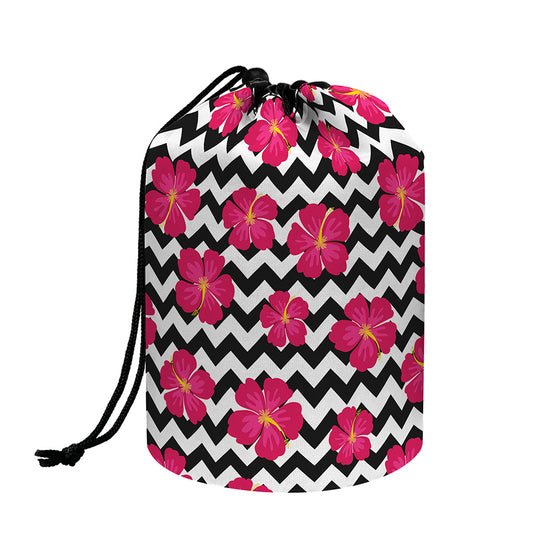 Pink Hibiscus Zigzag Pattern Print Drawstring Makeup Bag