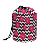 Pink Hibiscus Zigzag Pattern Print Drawstring Makeup Bag