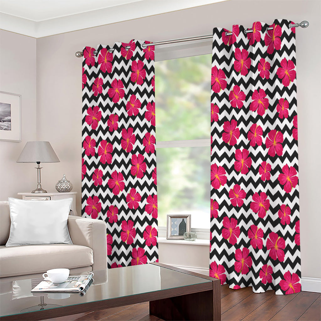 Pink Hibiscus Zigzag Pattern Print Extra Wide Grommet Curtains