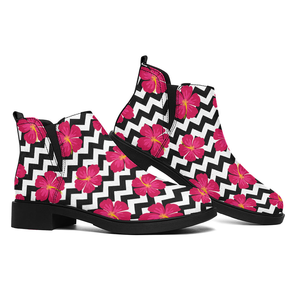 Pink Hibiscus Zigzag Pattern Print Flat Ankle Boots