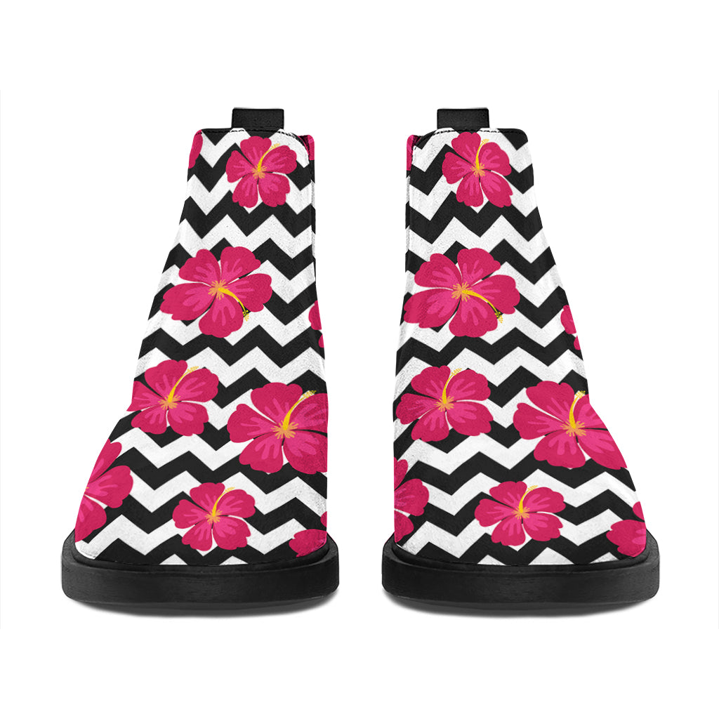 Pink Hibiscus Zigzag Pattern Print Flat Ankle Boots