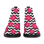 Pink Hibiscus Zigzag Pattern Print Flat Ankle Boots