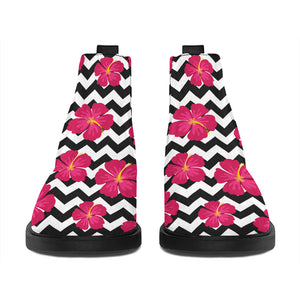 Pink Hibiscus Zigzag Pattern Print Flat Ankle Boots