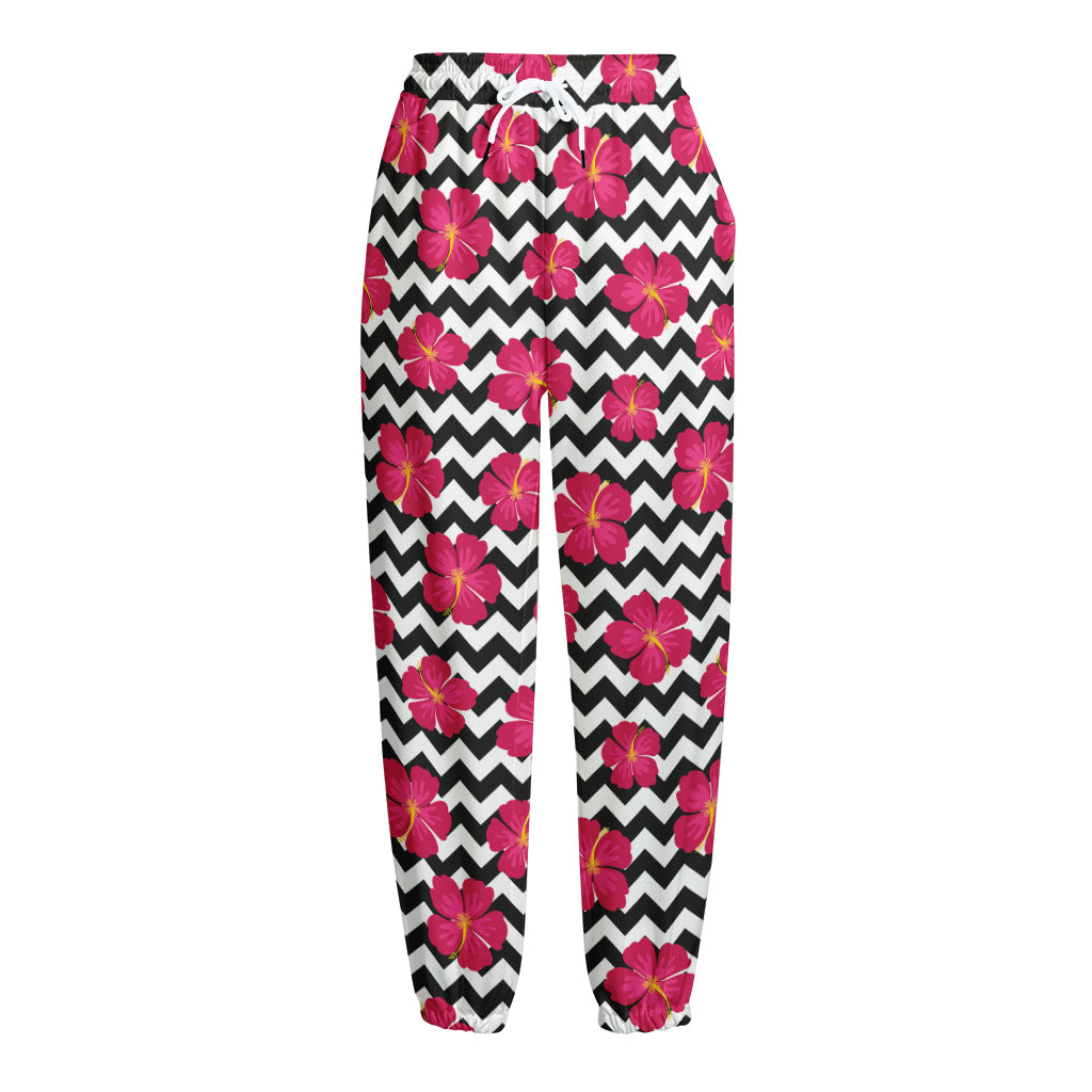 Pink Hibiscus Zigzag Pattern Print Fleece Lined Knit Pants