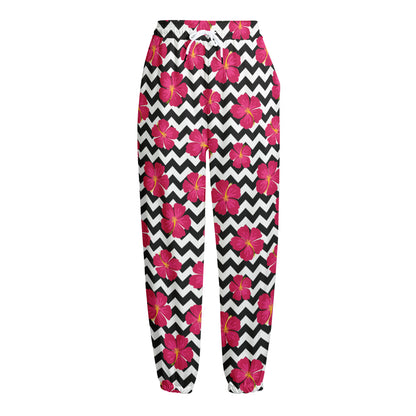 Pink Hibiscus Zigzag Pattern Print Fleece Lined Knit Pants