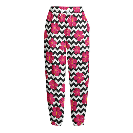Pink Hibiscus Zigzag Pattern Print Fleece Lined Knit Pants