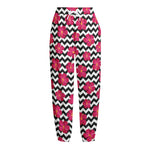 Pink Hibiscus Zigzag Pattern Print Fleece Lined Knit Pants