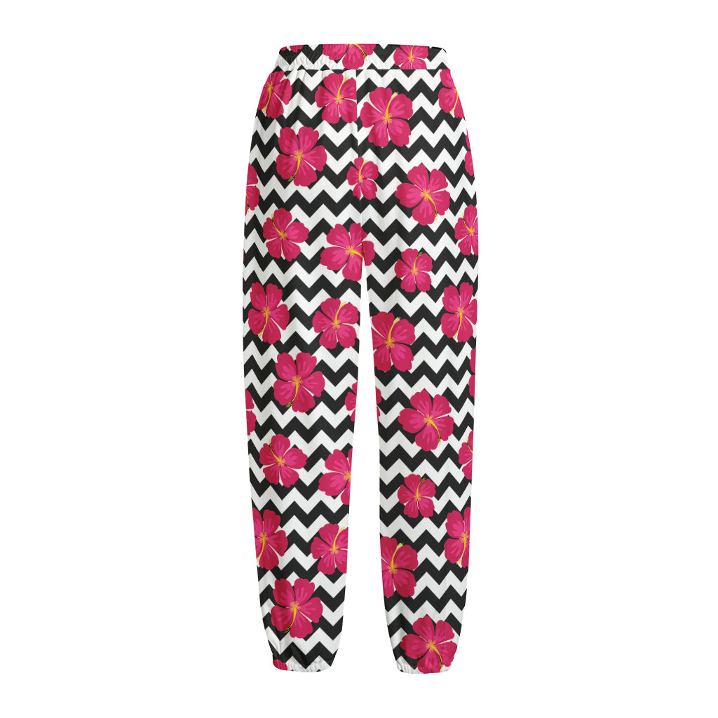 Pink Hibiscus Zigzag Pattern Print Fleece Lined Knit Pants