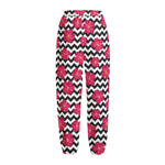 Pink Hibiscus Zigzag Pattern Print Fleece Lined Knit Pants