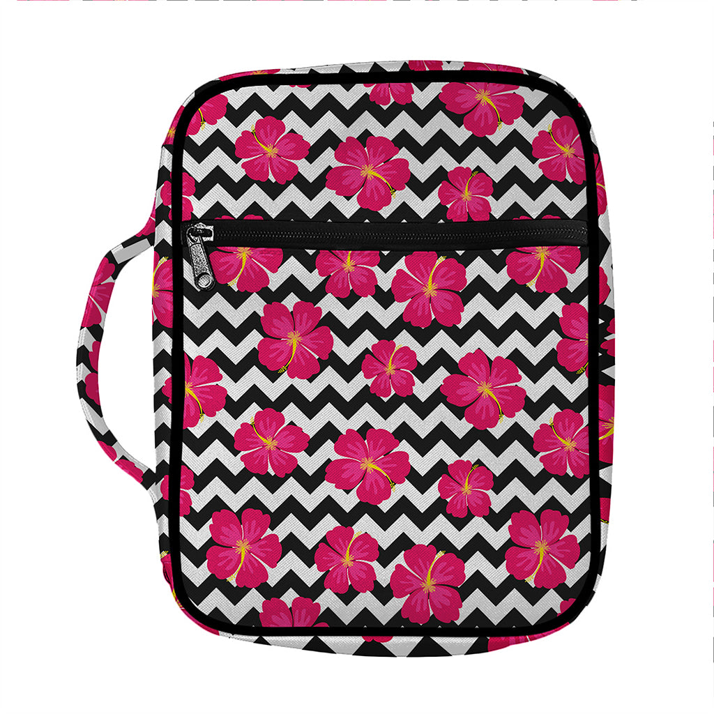 Pink Hibiscus Zigzag Pattern Print Front Pocket Bible Bag