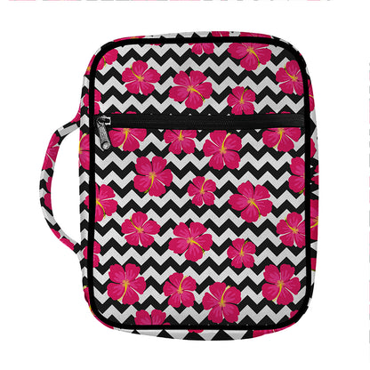 Pink Hibiscus Zigzag Pattern Print Front Pocket Bible Bag