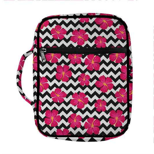 Pink Hibiscus Zigzag Pattern Print Front Pocket Bible Bag