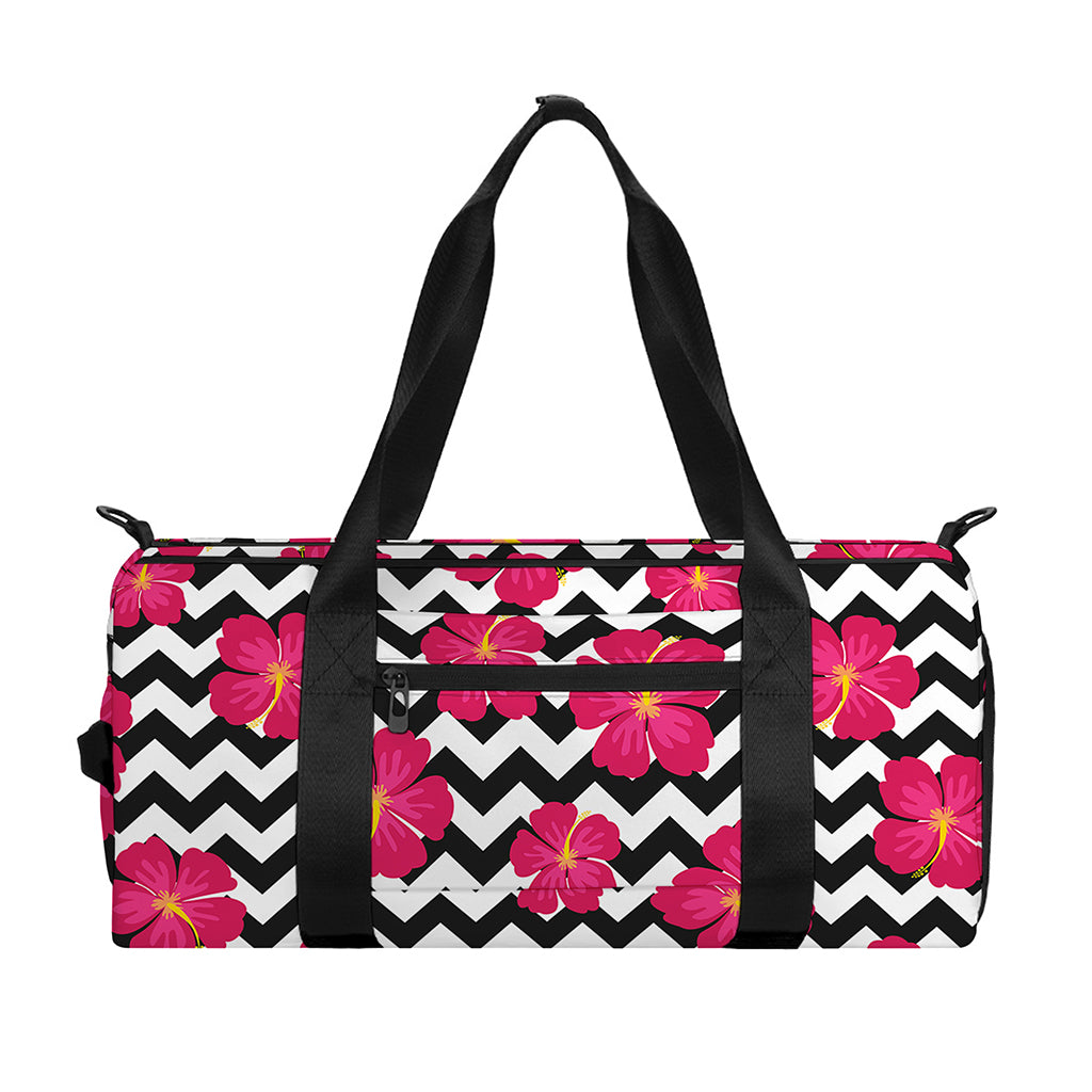 Pink Hibiscus Zigzag Pattern Print Gym Bag