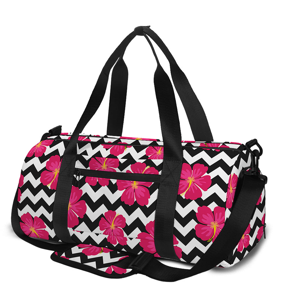 Pink Hibiscus Zigzag Pattern Print Gym Bag