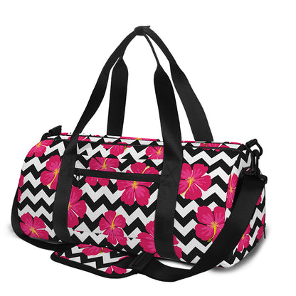 Pink Hibiscus Zigzag Pattern Print Gym Bag