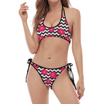 Pink Hibiscus Zigzag Pattern Print Halter Scoop Tie Side Bikini