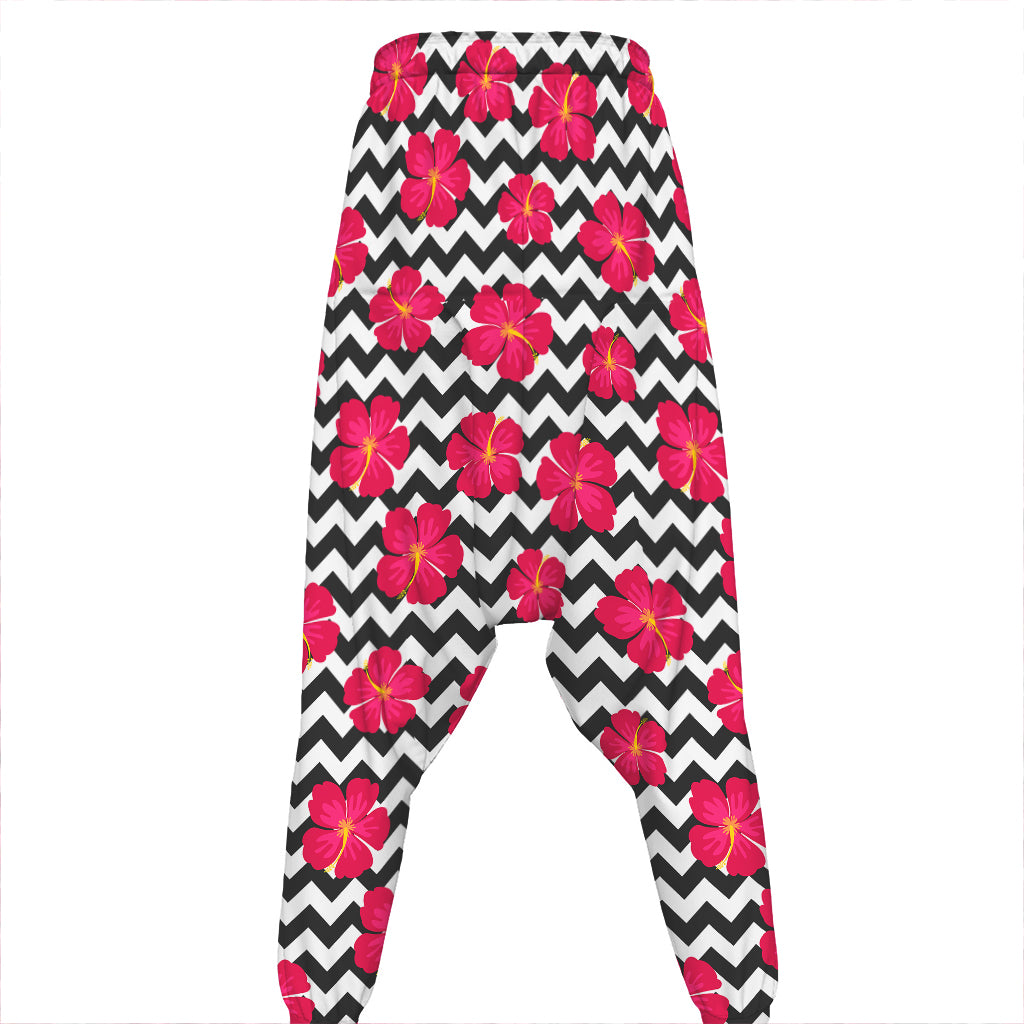 Pink Hibiscus Zigzag Pattern Print Hammer Pants