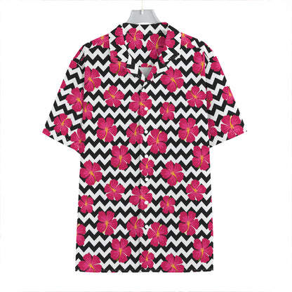 Pink Hibiscus Zigzag Pattern Print Hawaiian Shirt