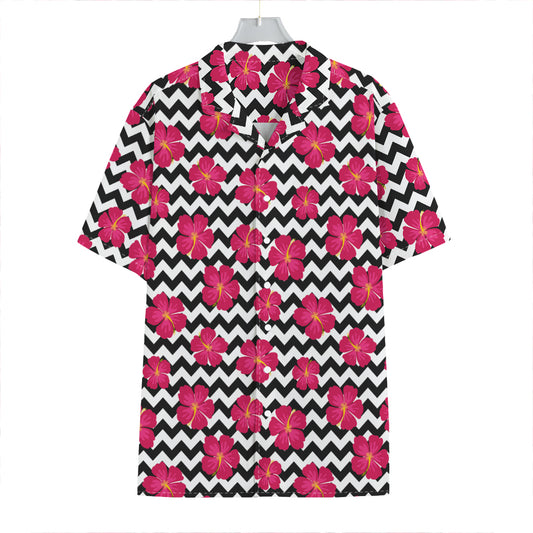 Pink Hibiscus Zigzag Pattern Print Hawaiian Shirt