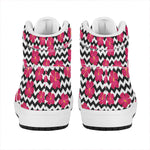 Pink Hibiscus Zigzag Pattern Print High Top Leather Sneakers