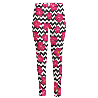 Pink Hibiscus Zigzag Pattern Print High-Waisted Pocket Leggings