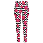 Pink Hibiscus Zigzag Pattern Print High-Waisted Pocket Leggings