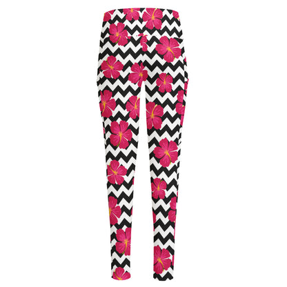 Pink Hibiscus Zigzag Pattern Print High-Waisted Pocket Leggings