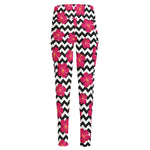 Pink Hibiscus Zigzag Pattern Print High-Waisted Pocket Leggings