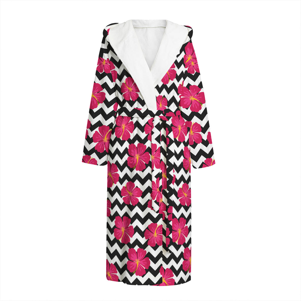 Pink Hibiscus Zigzag Pattern Print Hooded Bathrobe