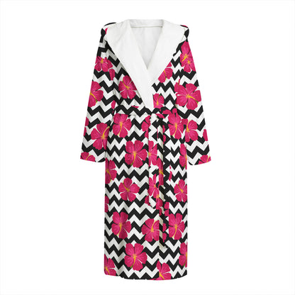 Pink Hibiscus Zigzag Pattern Print Hooded Bathrobe