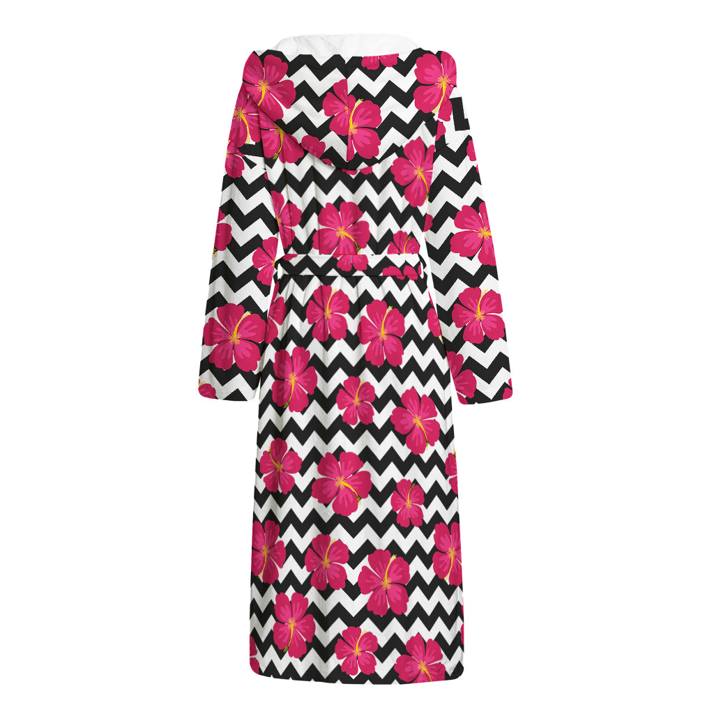 Pink Hibiscus Zigzag Pattern Print Hooded Bathrobe