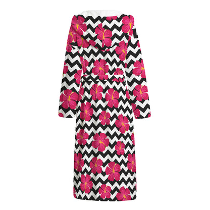 Pink Hibiscus Zigzag Pattern Print Hooded Bathrobe