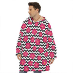 Pink Hibiscus Zigzag Pattern Print Hoodie Blanket
