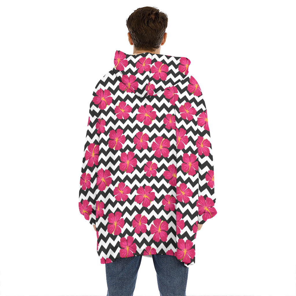 Pink Hibiscus Zigzag Pattern Print Hoodie Blanket
