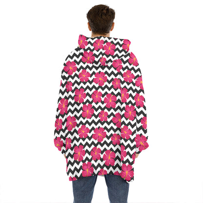 Pink Hibiscus Zigzag Pattern Print Hoodie Blanket