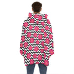 Pink Hibiscus Zigzag Pattern Print Hoodie Blanket