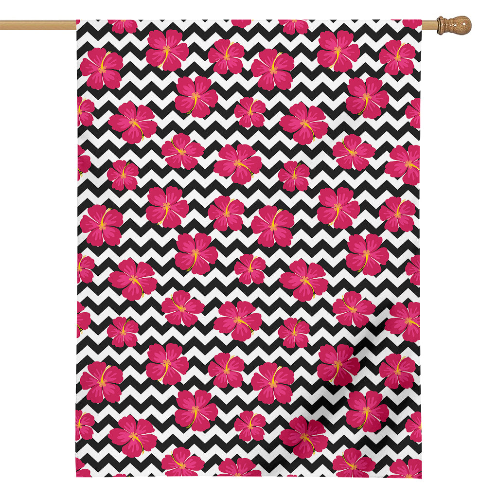 Pink Hibiscus Zigzag Pattern Print House Flag