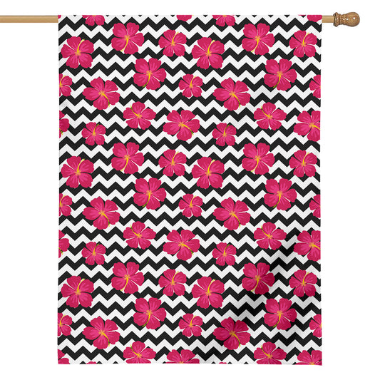 Pink Hibiscus Zigzag Pattern Print House Flag