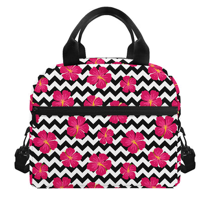 Pink Hibiscus Zigzag Pattern Print Insulated Lunch Bag
