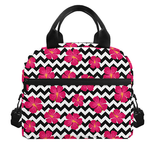 Pink Hibiscus Zigzag Pattern Print Insulated Lunch Bag