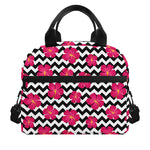 Pink Hibiscus Zigzag Pattern Print Insulated Lunch Bag