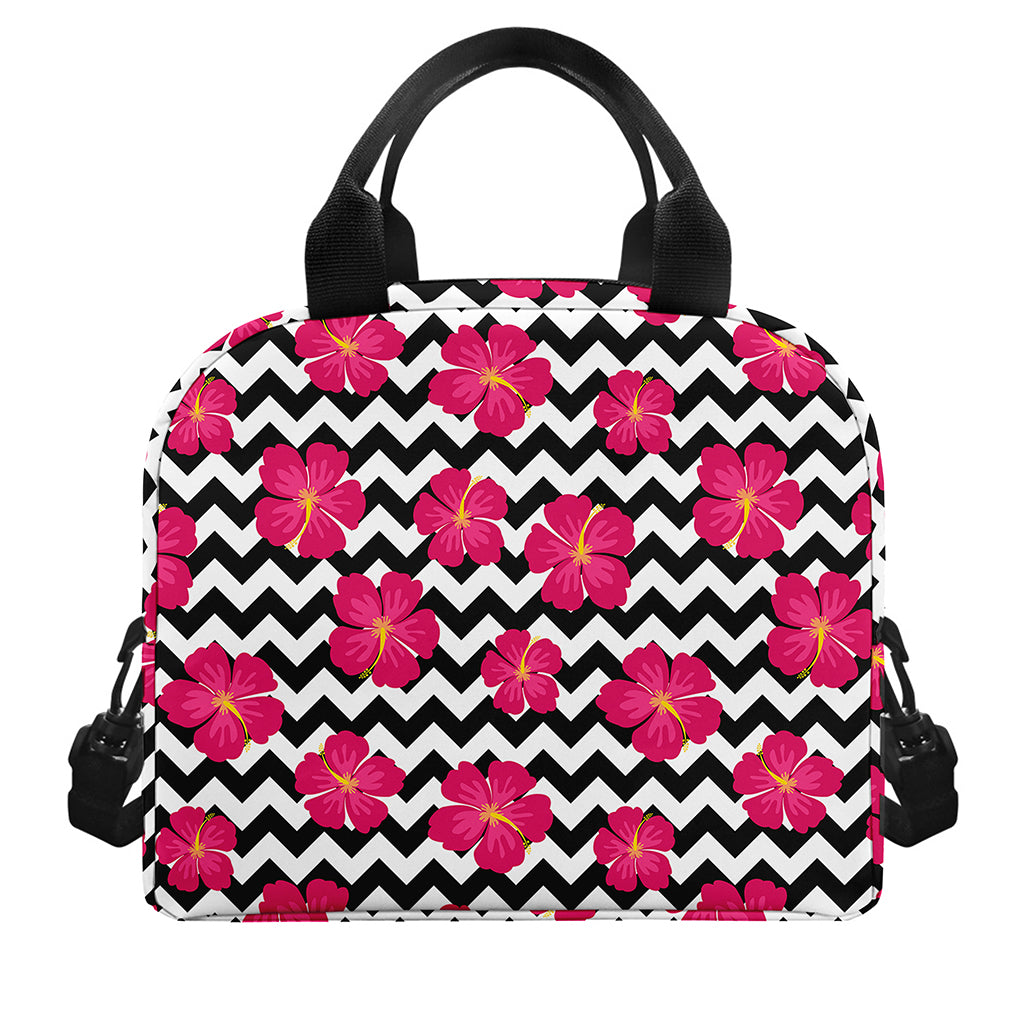 Pink Hibiscus Zigzag Pattern Print Insulated Lunch Bag