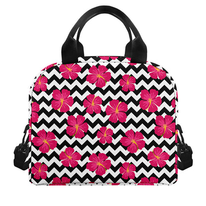 Pink Hibiscus Zigzag Pattern Print Insulated Lunch Bag