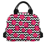 Pink Hibiscus Zigzag Pattern Print Insulated Lunch Bag